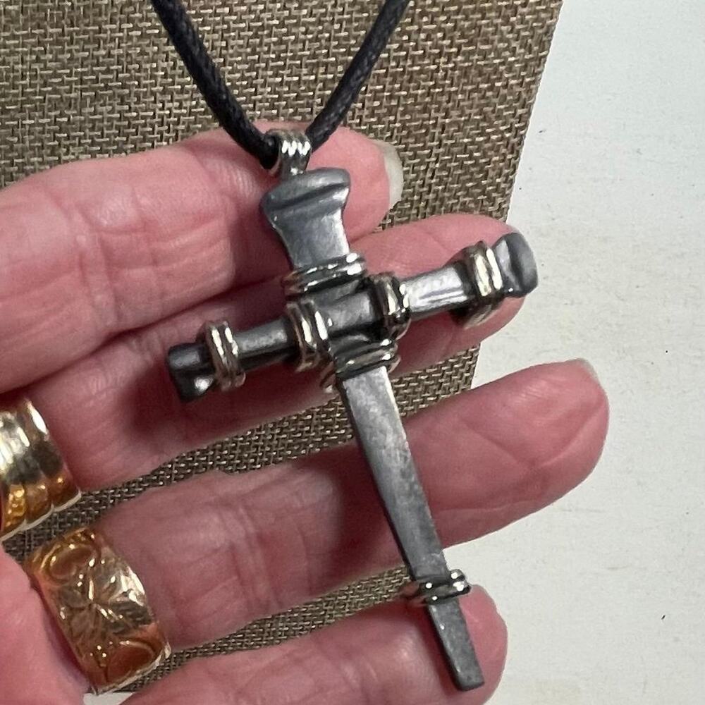 Brutalist Nails Cross Necklace Adjustable Cord Mixed Silver Tone Faith Jewelry